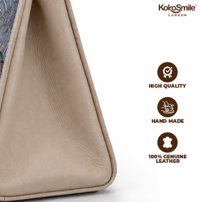 Famous Hangzhou Silk Panel Leather Top Handle Bag with Detachable Strap