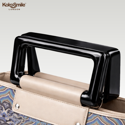 Famous Hangzhou Silk Panel Leather Top Handle Bag with Detachable Strap