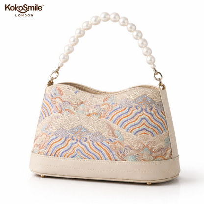 Hangzhou Silk & Leather Handbag with Pearl Top Handle
