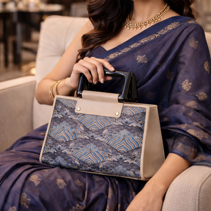 Famous Hangzhou Silk Panel Leather Top Handle Bag with Detachable Strap
