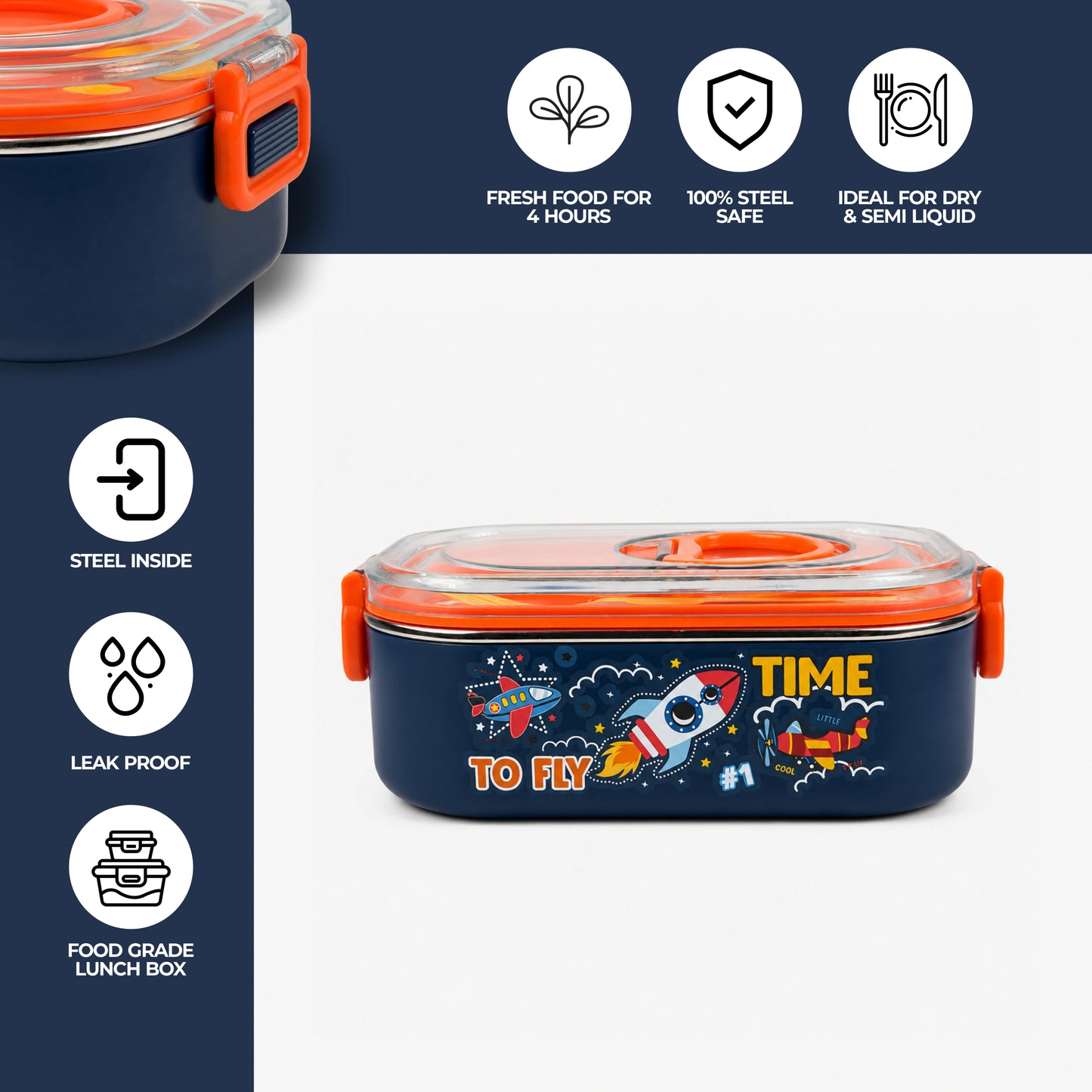 Kids Stainless Steel Lunch Box 2 Compartment with Spoon & Fork Set 900ml