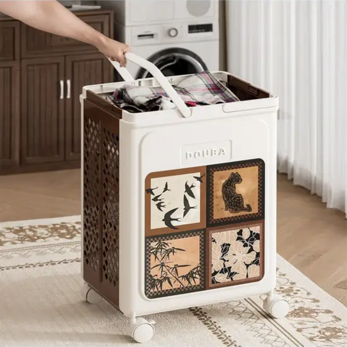 HOMX Foldable Laundry Basket, Vintage Design, Wheels with Brakes