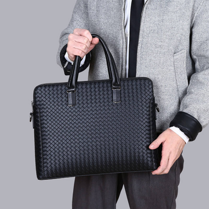Handwoven PU Leather Laptop Briefcase Bag with Shoulder Strap