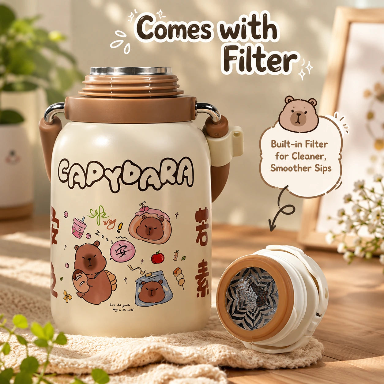 Cute Insulated Steel Flask/Bottle with Handle & Strap - 800ml