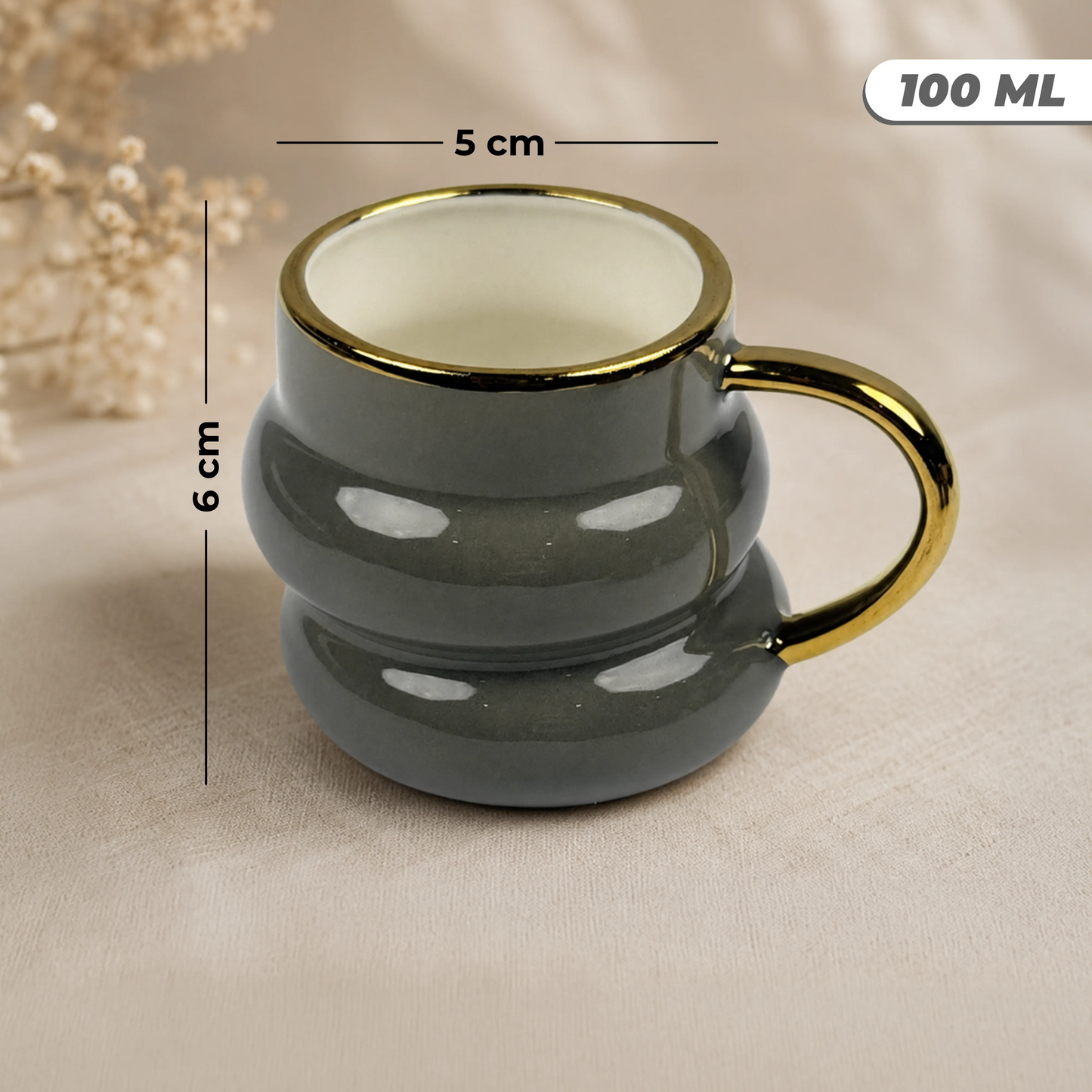 Luxury Smoky Grey Gold Rim Ceramic Mug & Saucer - Set of 6 (100ml each)