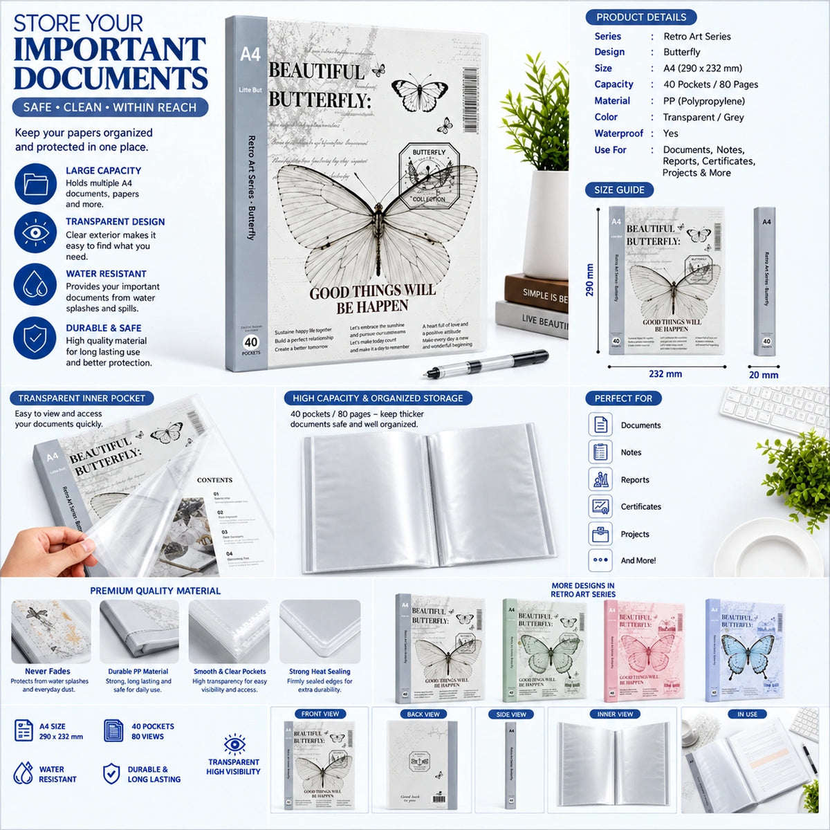 A4 Art Portfolio Binder – 40 Pocket Document Organizer