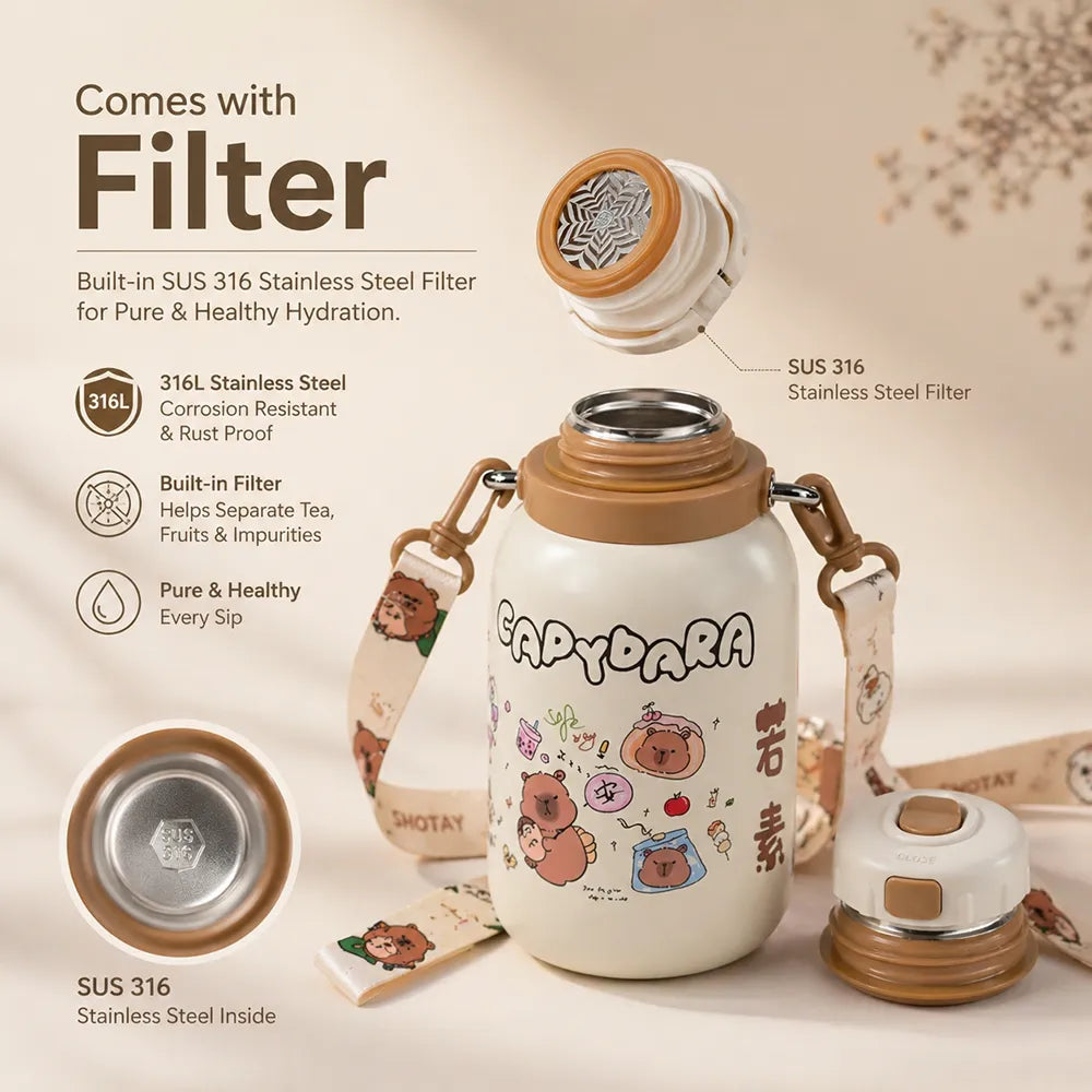 Cute Insulated Steel Flask/Bottle with Handle & Strap - 800ml