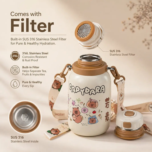 Cute Insulated Steel Flask/Bottle with Handle & Strap - 800ml