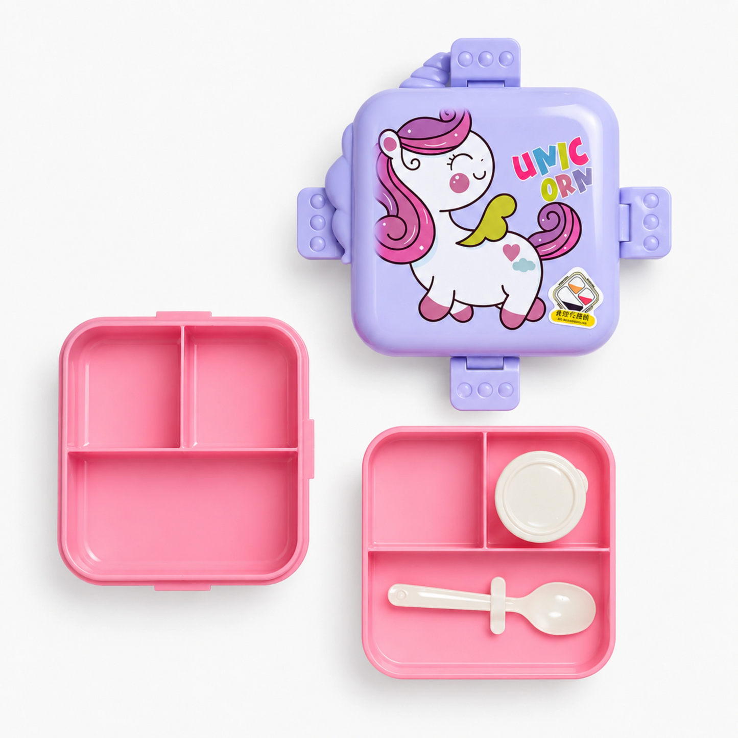 Unicorn Bento Lunch Box with 3 Compartments for Kids - 1590ml