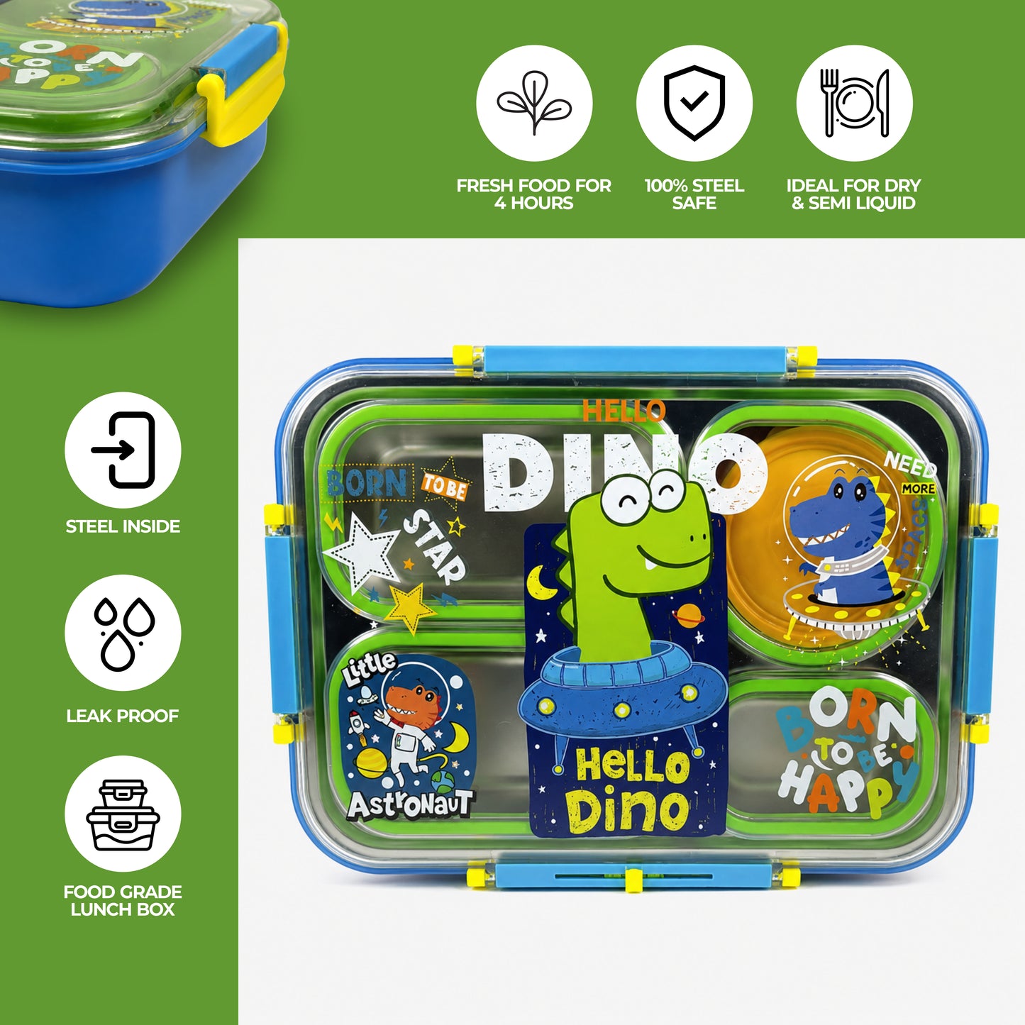 Stainless Steel Bento Lunch Box with 3 compartments for Kids – 1050ml
