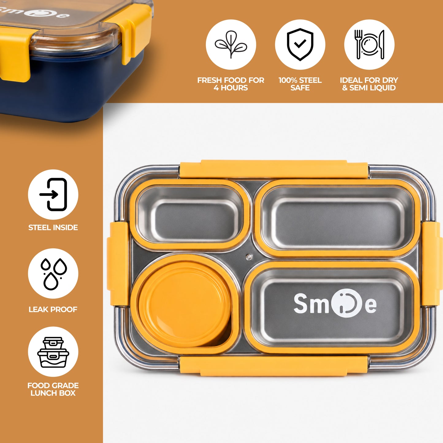 Stainless Steel Bento Lunch Box – 4 Compartment Meal Box – 900ml+bowl 150ml