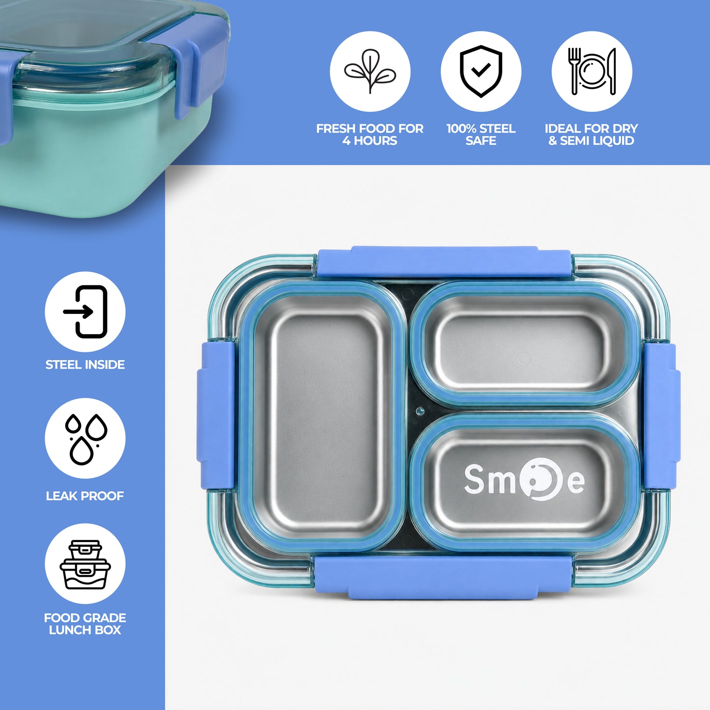 Stainless Steel Bento Lunch Box – 3 Compartment Meal Box – 710ml
