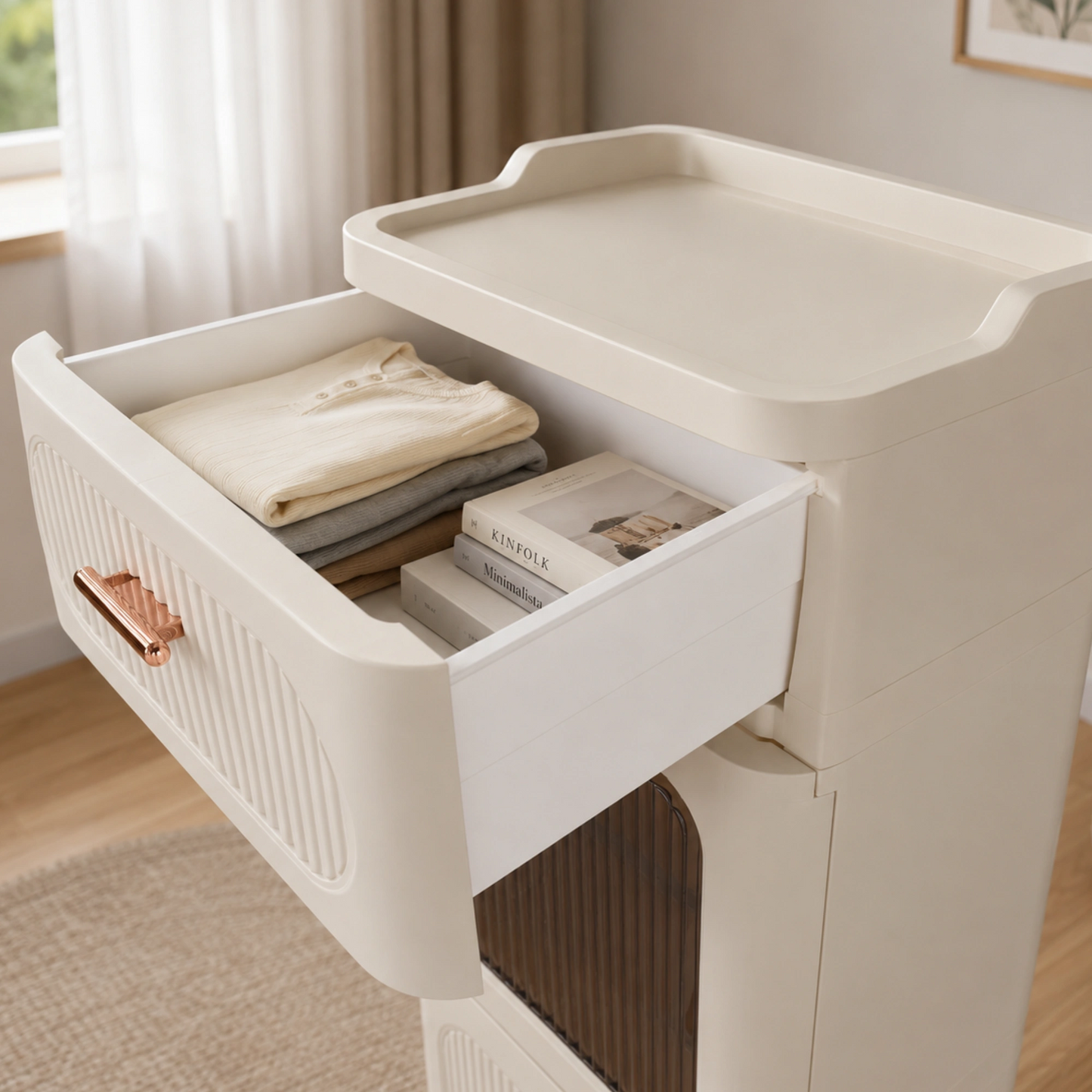 Elegant Fluted Storage Cabinet with Drawer, Door & Rolling Wheels