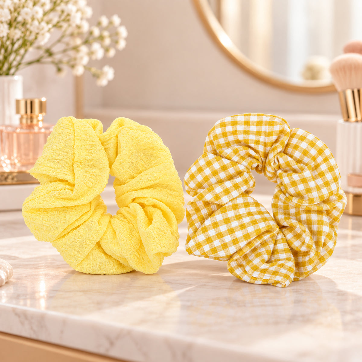 Kokosmile Yellow Scrunchies for Girls & Women, Plain & Gingham - Pack of 2