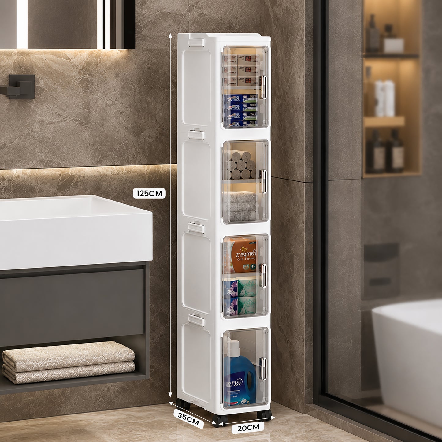 Slim 4-Tier Storage Cabinet with Transparent Doors & Rolling Wheels