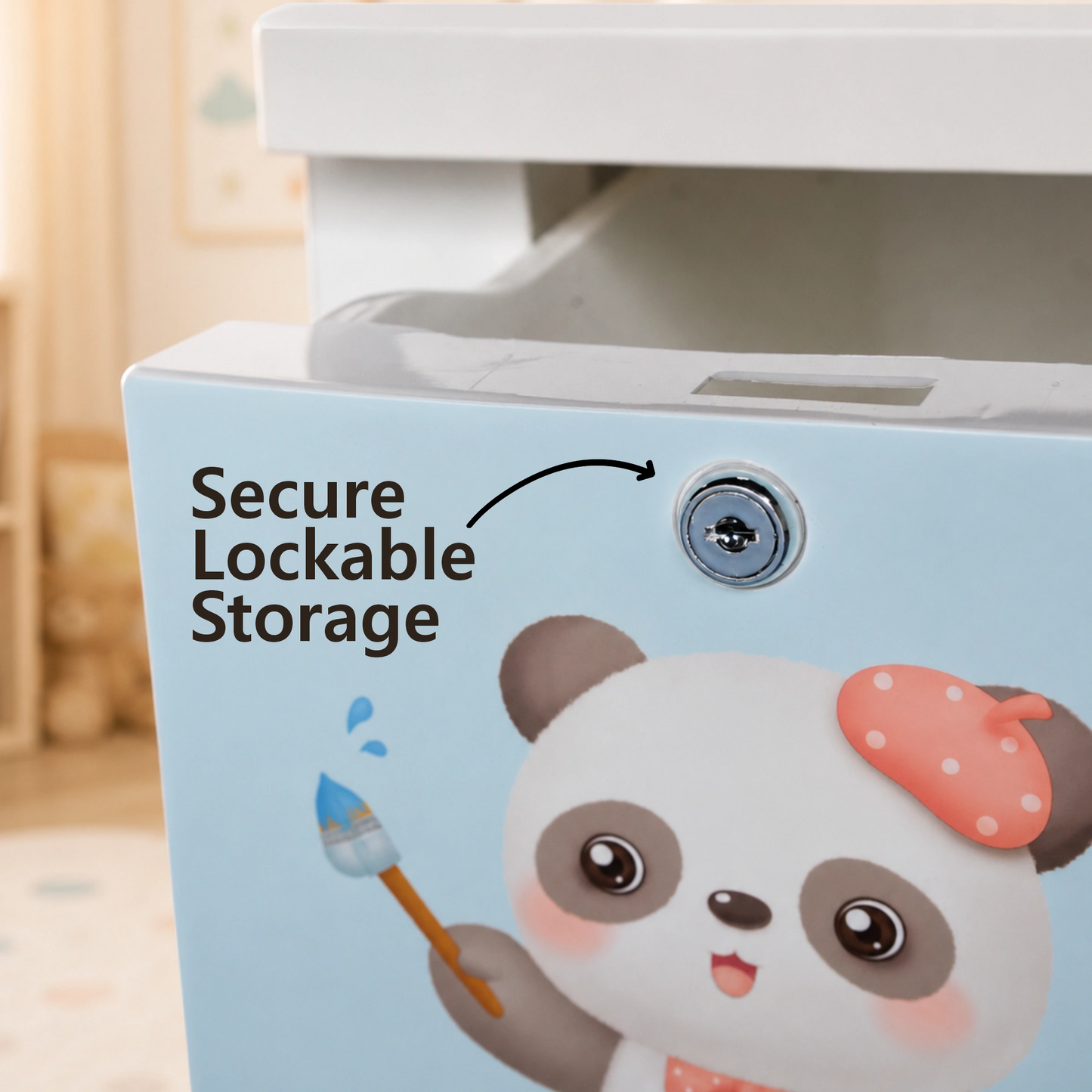 Kids Panda Storage Cabinet with Lockable Drawers & Wheels for Organization