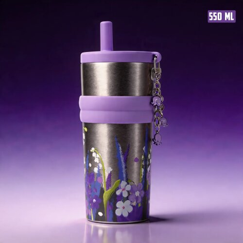 Pure Titanium Vacuum Tumbler water bottle with Straw & Charm – 550ml