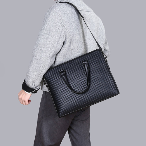 Handwoven PU Leather Laptop Briefcase Bag with Shoulder Strap