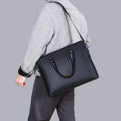 Handwoven PU Leather Laptop Briefcase Bag with Shoulder Strap