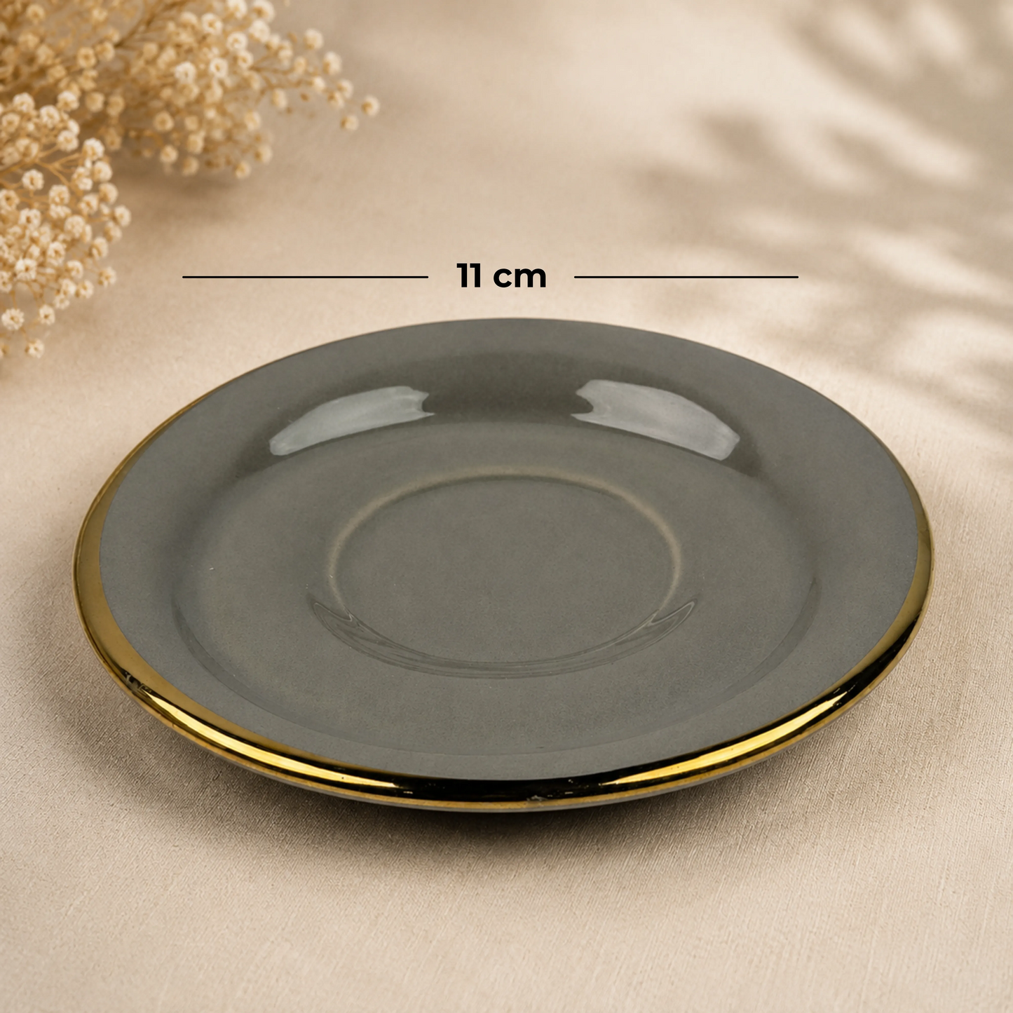 Luxury Smoky Grey Gold Rim Ceramic Mug & Saucer - Set of 6 (100ml each)