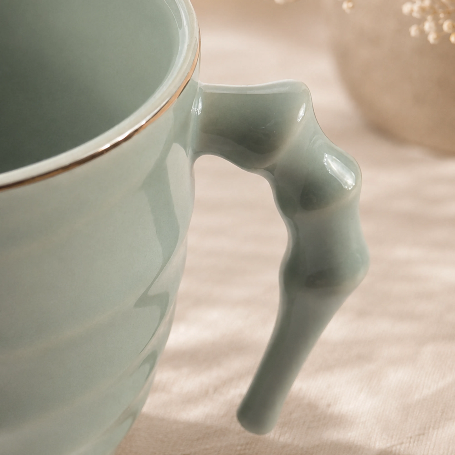 Luxury Sage Green Ceramic Mug & Saucer Set with Gold Rim - 6 Pcs (100ml each)