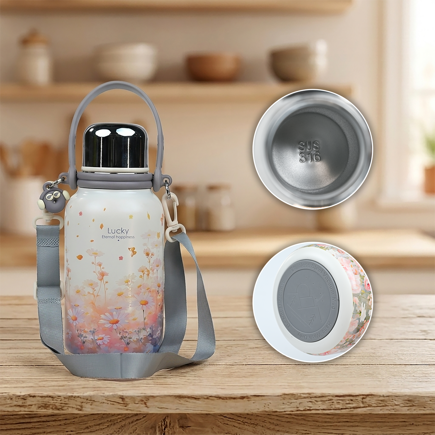 Daisy Bloom Floral Print Insulated Thermal Flask with strap 1200ml