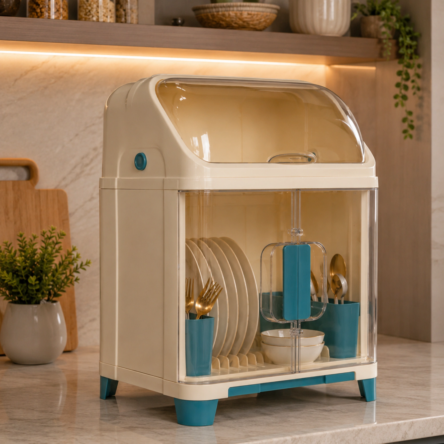 Dust-Proof Dish Drying Rack Cabinet with Utensil Holders & Storage Drawer