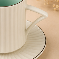 Ivory Blue Ribbed Ceramic Tea/Coffee Mug & Saucer -  Set of 6 (250ml each)