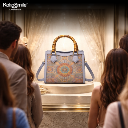 Elegant SilkCraft Leather Top Bamboo Handle Bag with Hangzhou Silk for Women