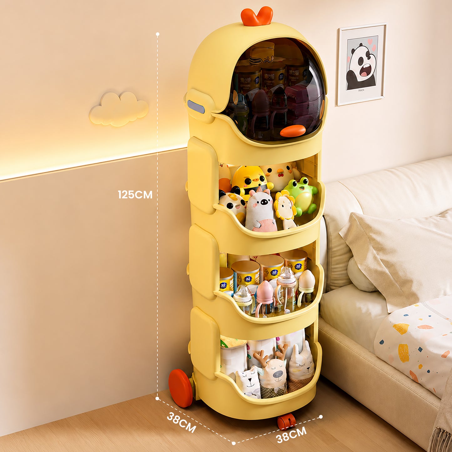 Cute Rabbit Baby Storage Trolley with Dust-Proof Cover & Wheels