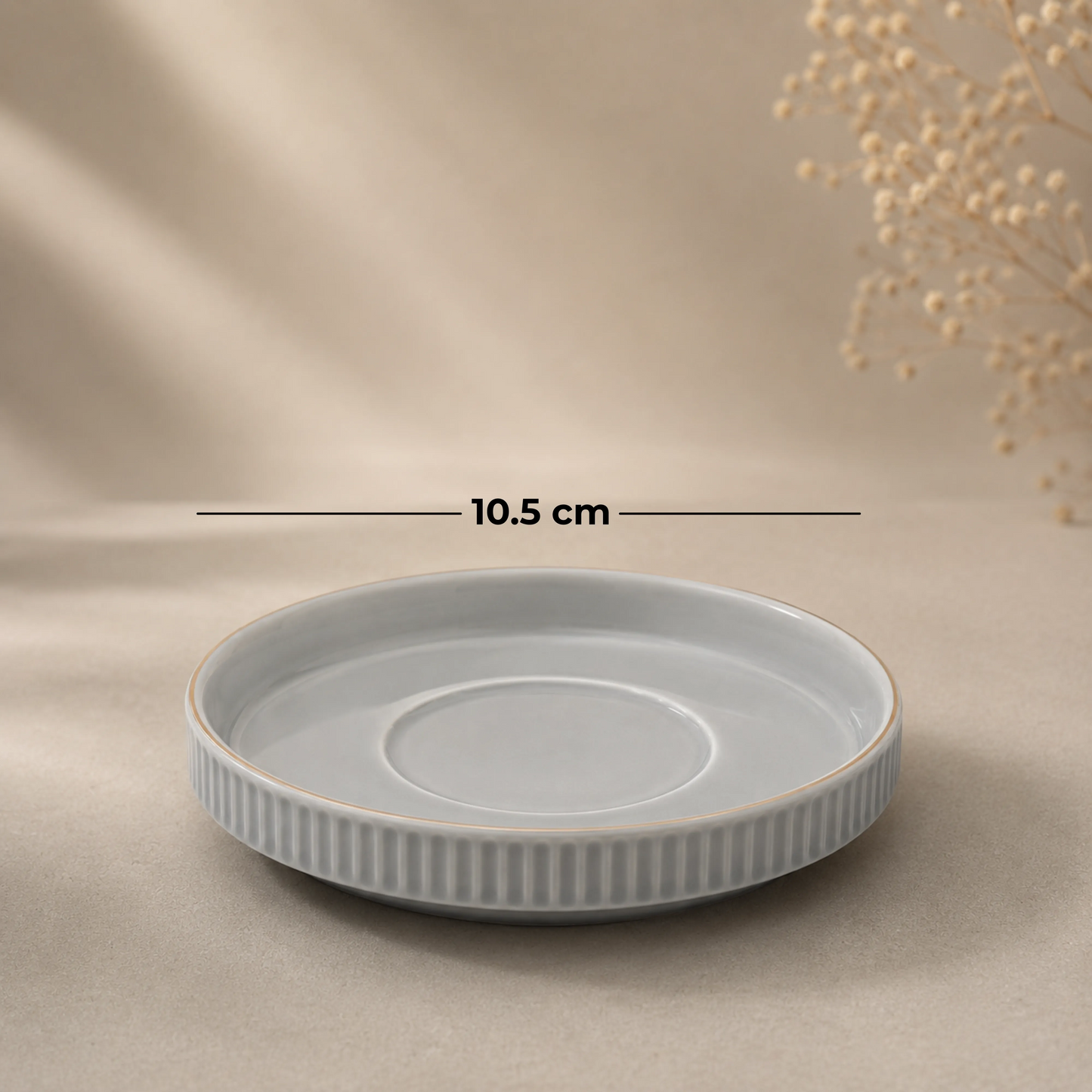 Premium Grey-Gold Rim Ribbed Ceramic Mug & Saucer - Set of 6 (100ml each)