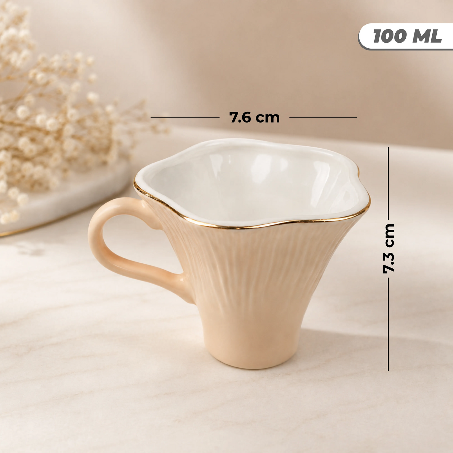 Premium Beige Ceramic Mug & Saucer with Gold Rim - Set of 6 (100ml each)