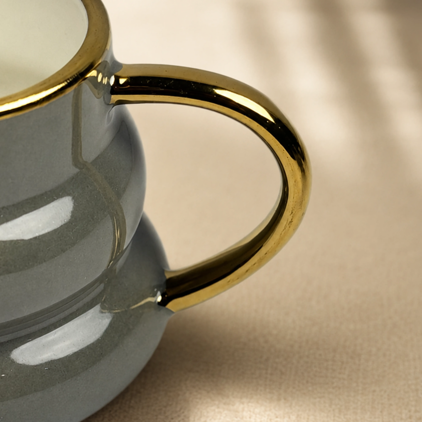 Luxury Smoky Grey Gold Rim Ceramic Mug & Saucer - Set of 6 (100ml each)