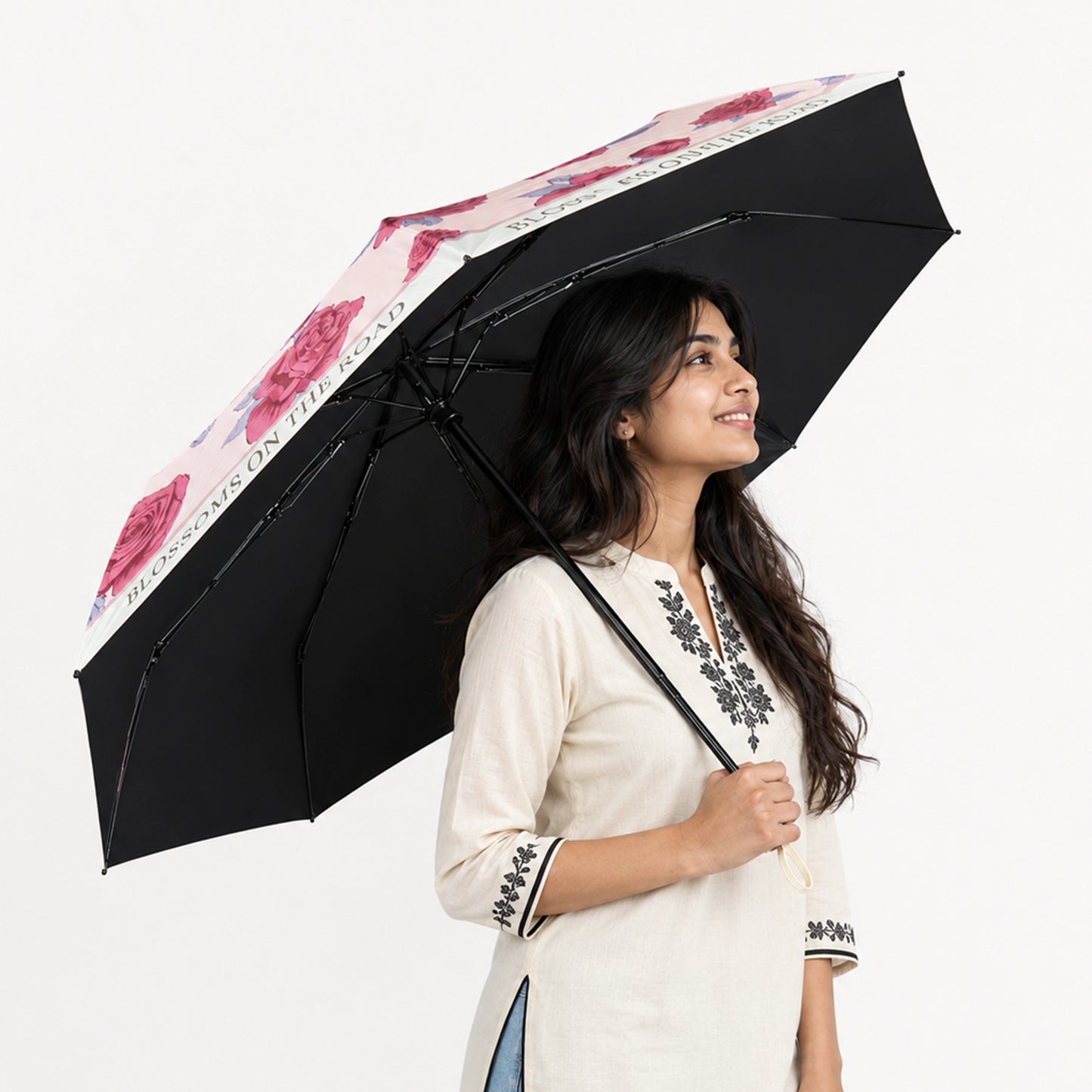Rose Print UV Protection Folding Umbrella with Lotus Grip