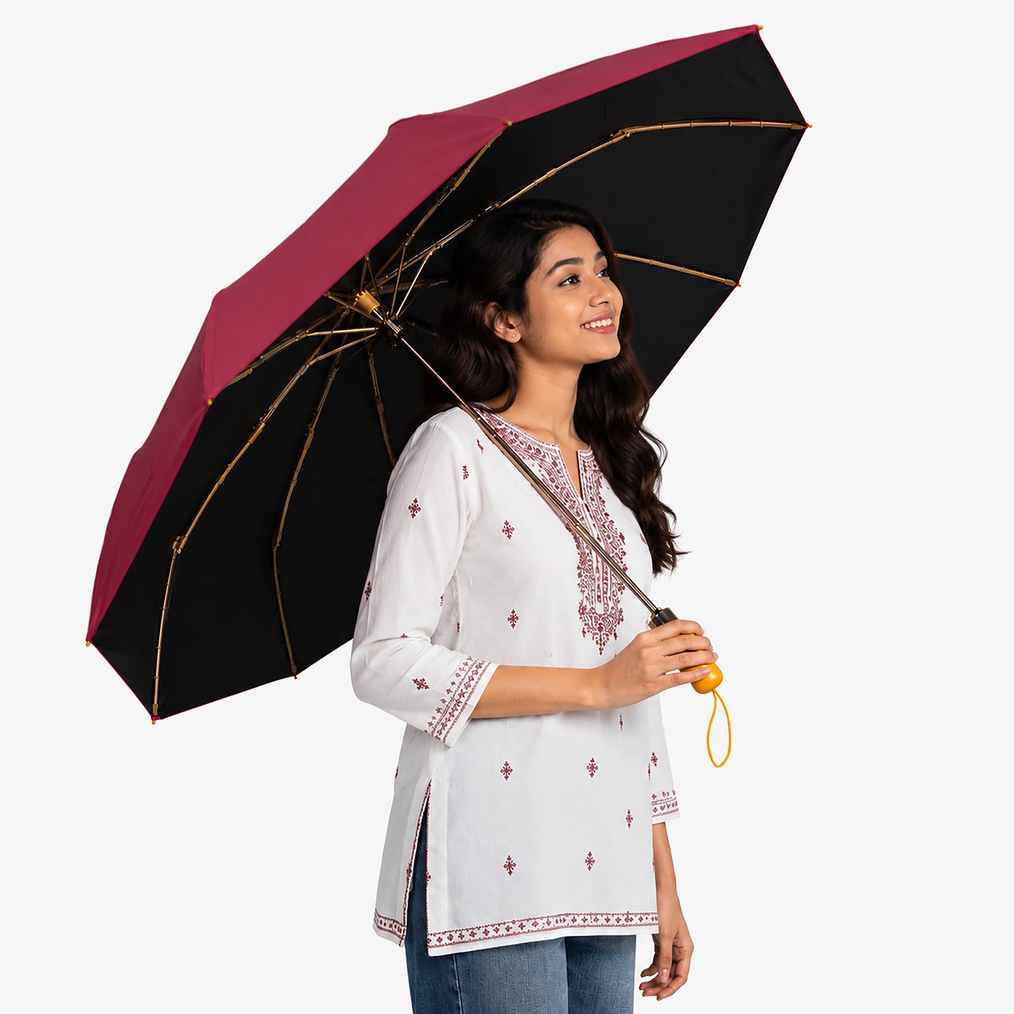 Luxury Windproof Folding Umbrella with Wooden Handle & UV Shield