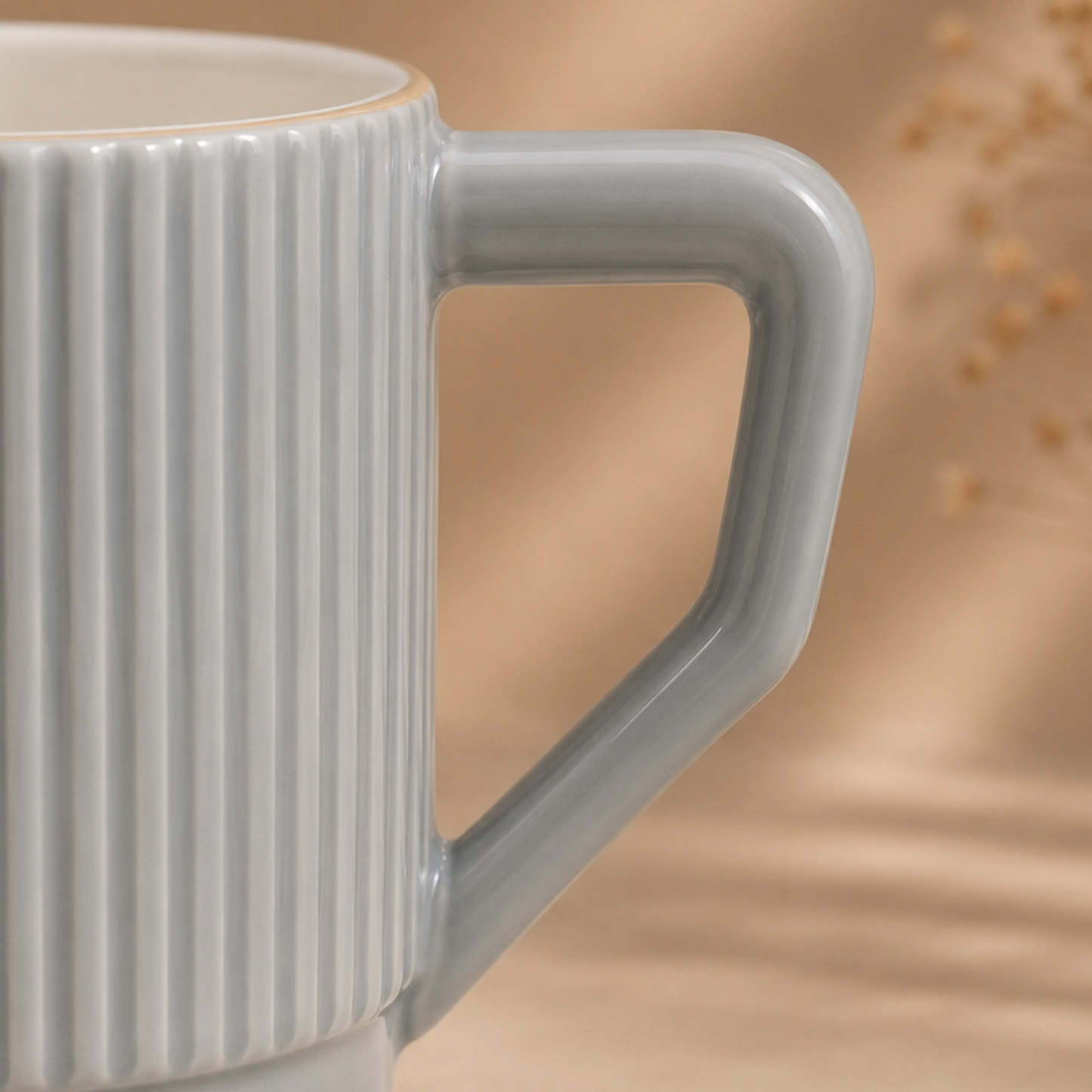 Premium Grey-Gold Rim Ribbed Ceramic Mug & Saucer - Set of 6 (100ml each)
