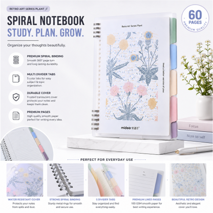 Retro Art Series Plant Spiral Study Planner Notebook.