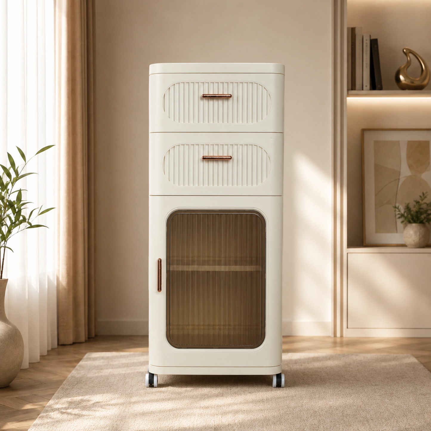 Elegant Fluted Storage Cabinet with Drawer, Door & Rolling Wheels