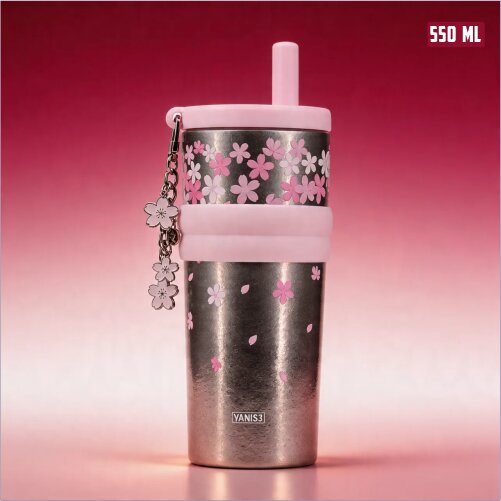 Pure Titanium Vacuum Tumbler water bottle with Straw & Charm – 550ml