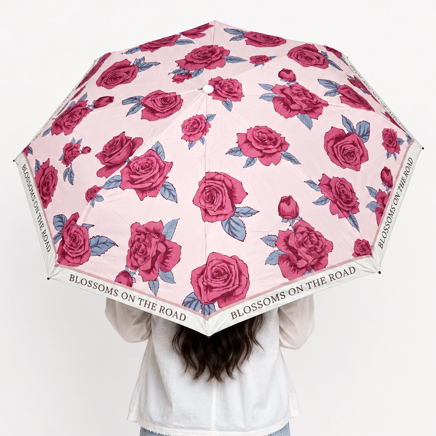 Rose Print UV Protection Folding Umbrella with Lotus Grip