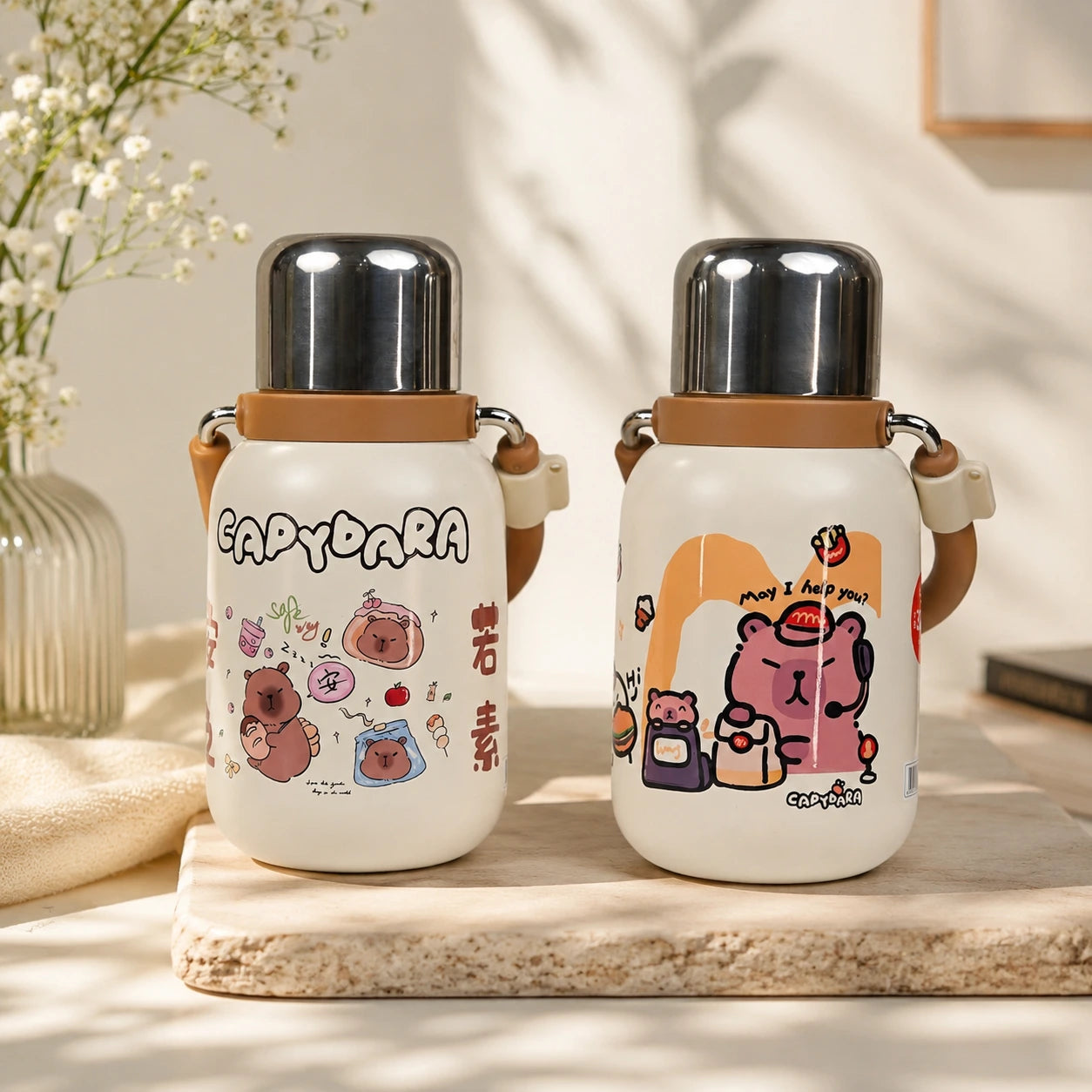 Cute Insulated Steel Flask/Bottle with Handle & Strap - 800ml