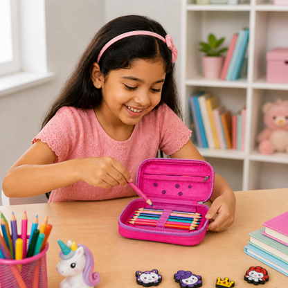 Premium Cartoon Pencil Box with Removable Toy Charms for Kids