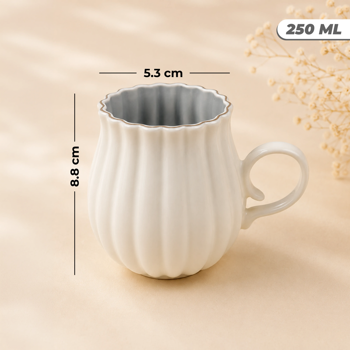 Ivory Luxe Gold Rim Ceramic Tea & Coffee Mug Set with Saucers (6 Pcs) - 250ml each