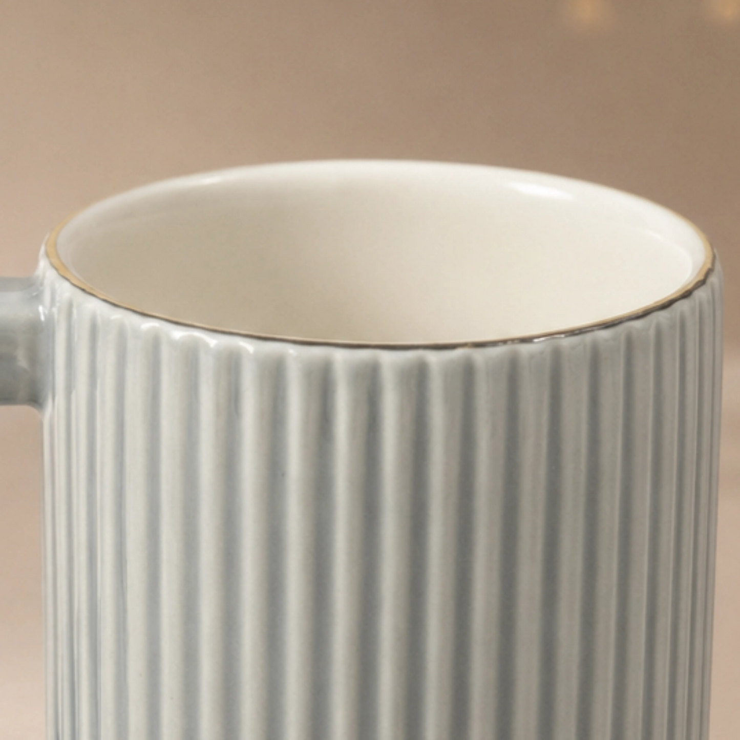Premium Grey-Gold Rim Ribbed Ceramic Mug & Saucer - Set of 6 (100ml each)