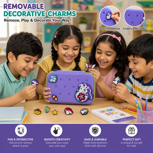 Premium DIY Kids Pencil Box with Removable Decorative Toy Charms