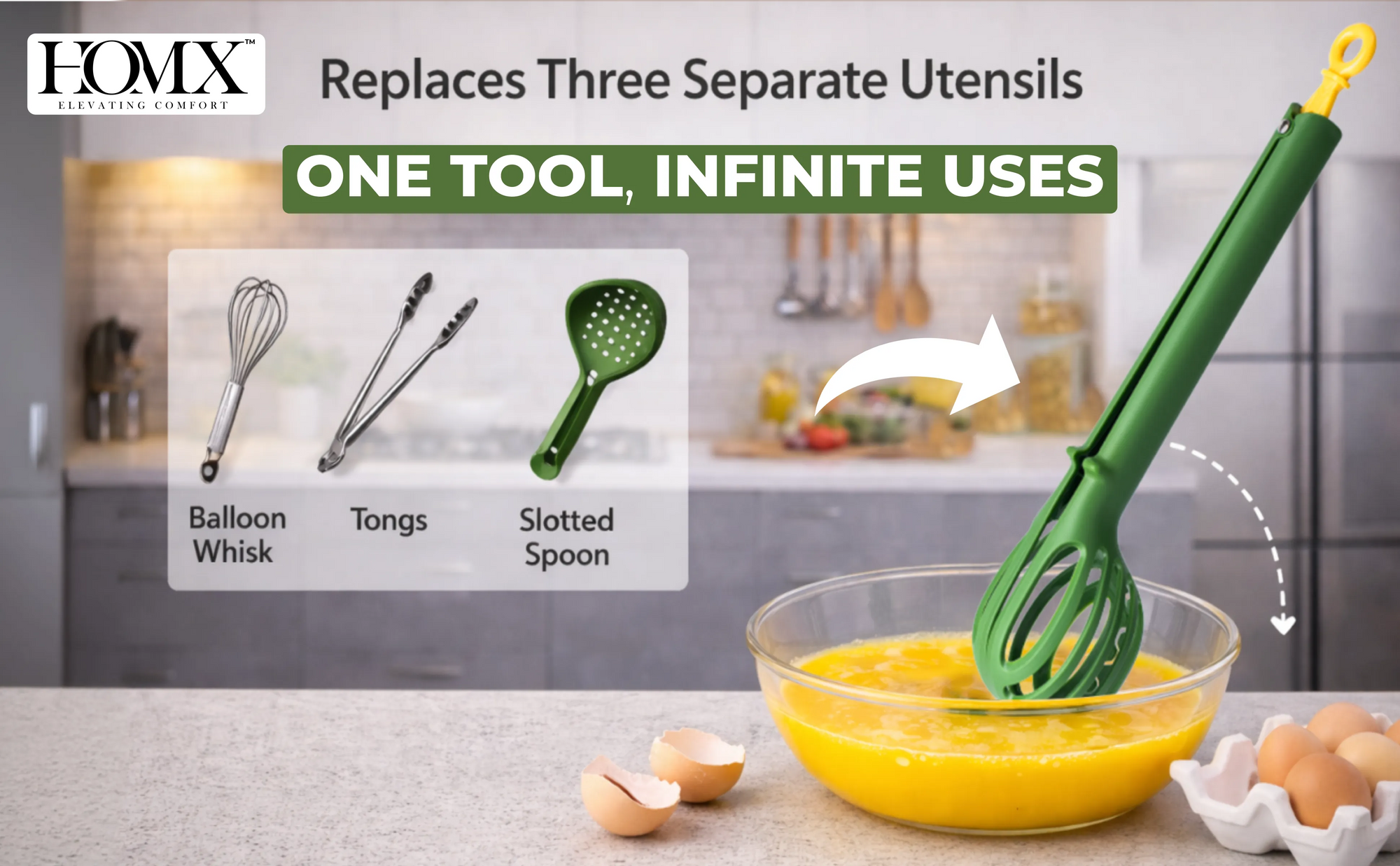 3-in-1 Multipurpose, Egg Whisk & Food Clamp | Heat-Resistant Kitchen Tong Banner 1