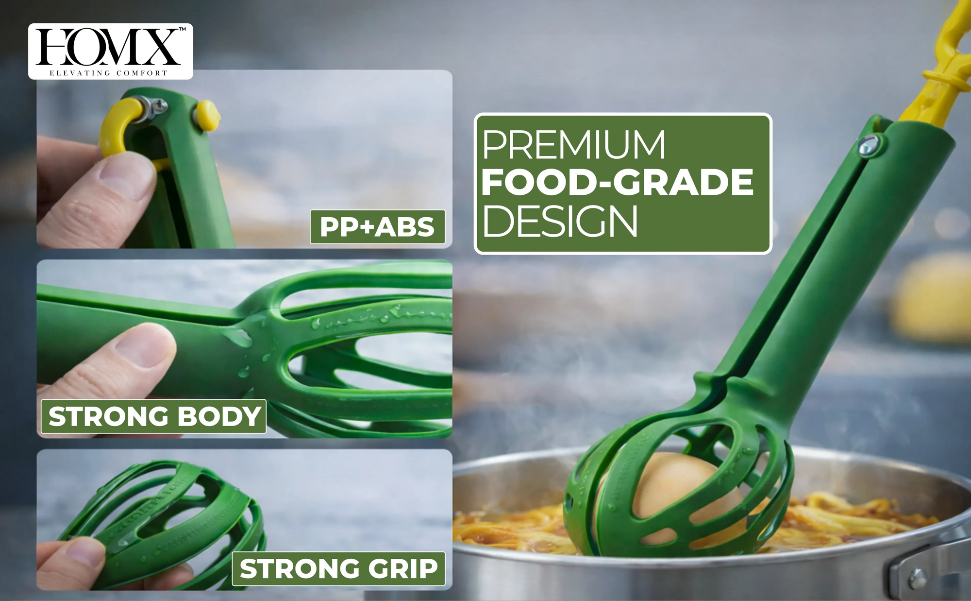 3-in-1 Multipurpose, Egg Whisk & Food Clamp | Heat-Resistant Kitchen Tong Banner 3