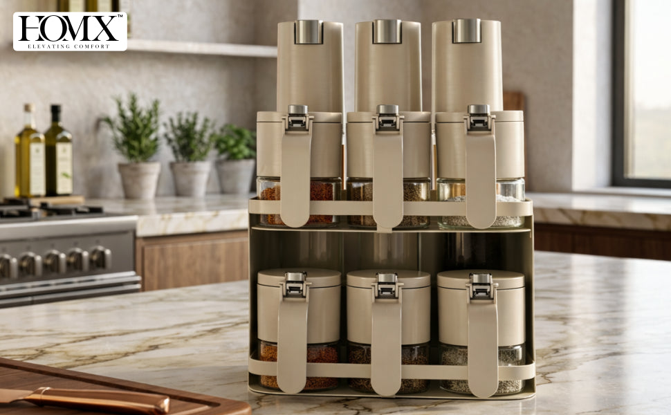 Premium 9-Piece Kitchen Spice Organiser | 6 Spice Jars & 3 Oil Bottles Banner 1