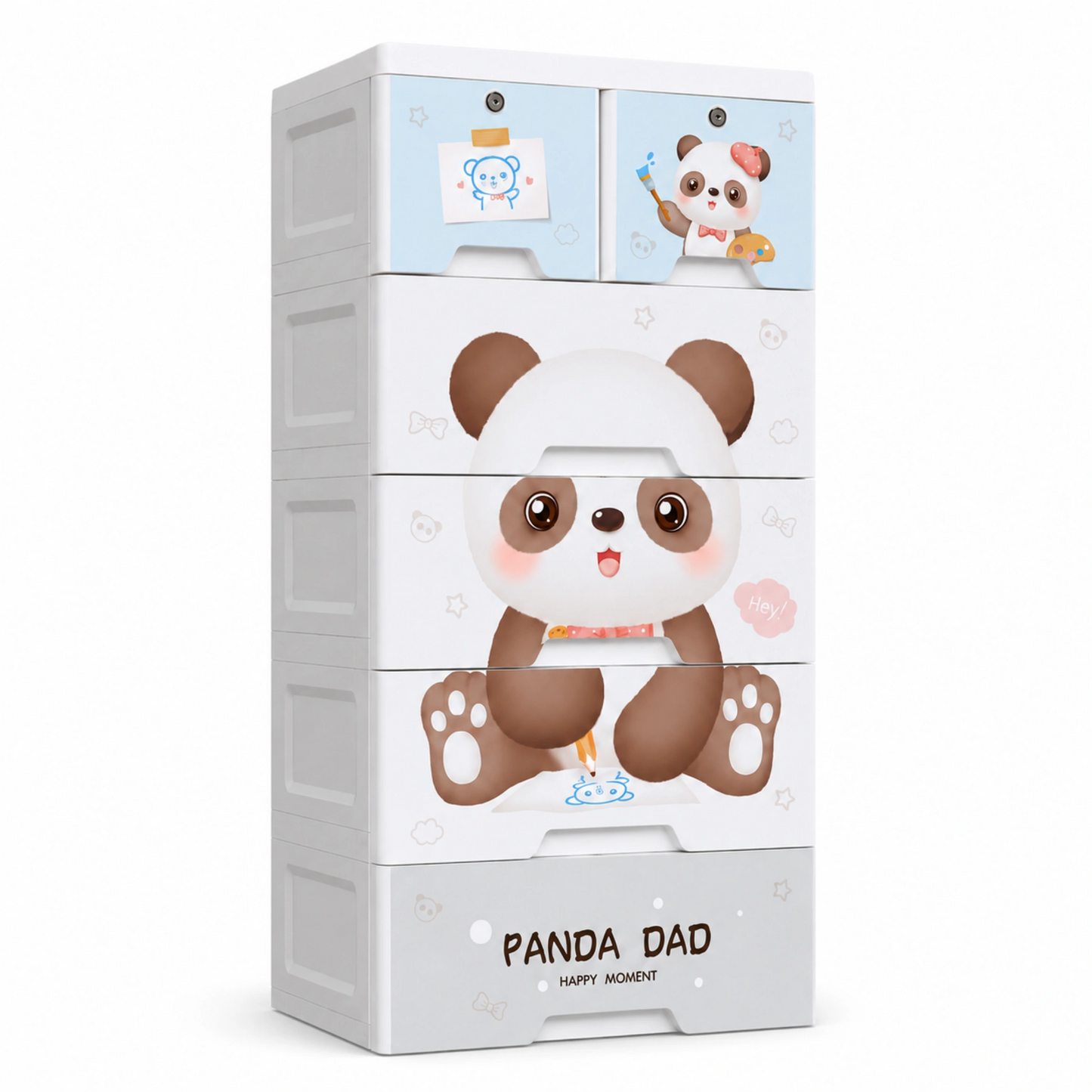 Kids Panda Storage Cabinet with Lockable Drawers & Wheels for Organization