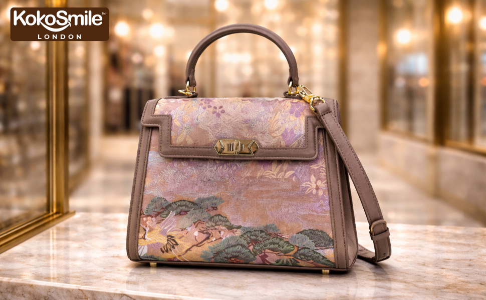 Handcrafted Premium Leather Top Handle Bag with Hangzhou Silk Banner 5